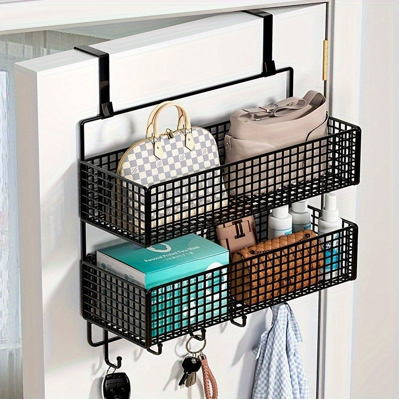 2-Tier Iron Over-the-Door Storage Rack with Hooks and Mesh Baskets for Bathroom, Bedroom, Kitchen, Office, Industrial & Commercial Cleaning