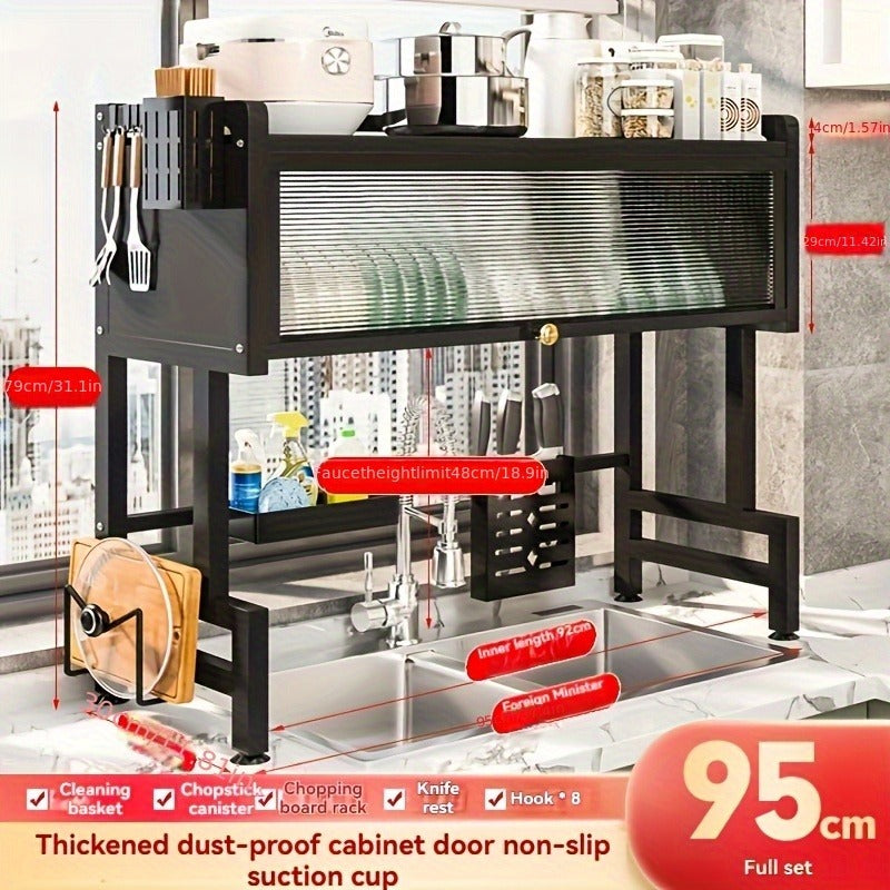 Black Metal Multifunctional Kitchen Storage Rack with Cabinet Door Channel - Space-Saving Organizer for Bowls, Dishes, Cutlery, Cookware, Drip Tray, Towel & Spice Racks, Sink Storage Solution, Kitchen Organizers And Storage