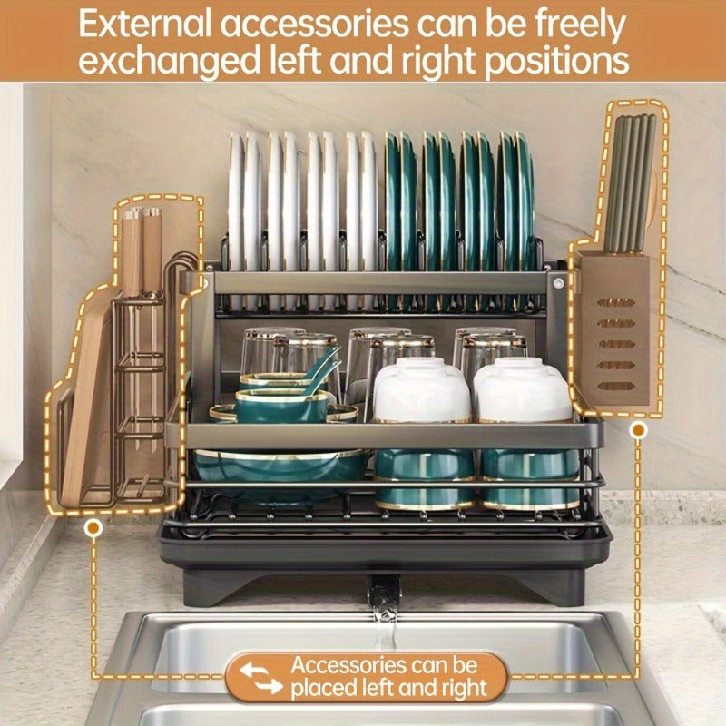Deluxe 2-Tier Kitchen Carbon Steel Rack with Auto Drain, Knife Rack And Chopping Board Rack - Rust-Resistant Carbon Steel, Large Capacity, Easy to Clean, Ideal for Bowl And Chopstick Storage, Kitchen Storage Solution