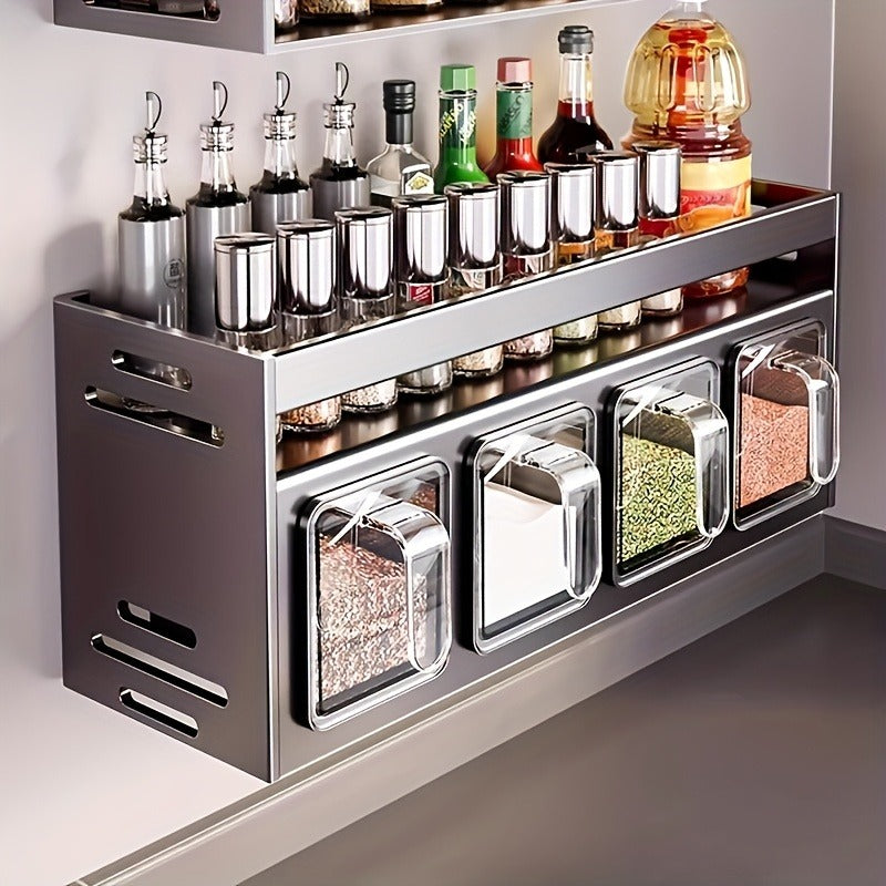 Wall-Mounted Spice Organizer Set - Durable Aluminum, Easy No-Drill Installation | Includes Seasoning Containers & Canisters for Kitchen