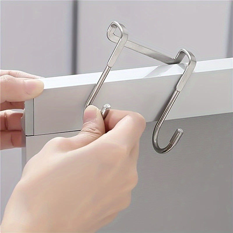 2pcs Heavy-Duty Stainless Steel S-Shaped Hooks - Rust-Resistant, No-Drill Easy Installation for Bedroom, Bathroom & Kitchen - Space-Saving Double Door Hangers for Cabinets & Organizers