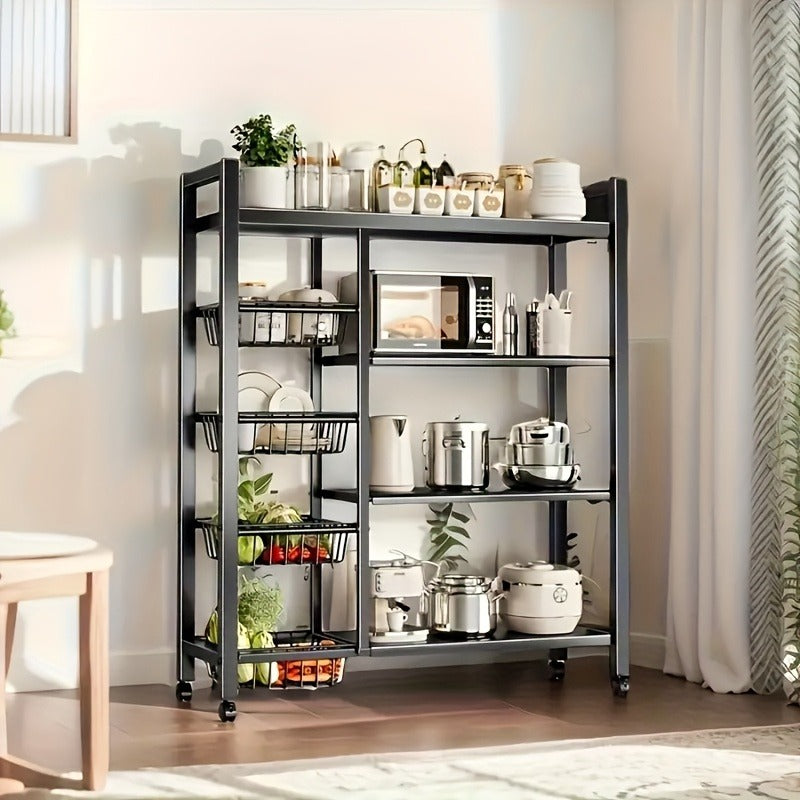Four Tier, Three Basket, Mesh Basket Display Rack with Universal Roller Slides for Easy Cleaning And Storage, Vegetable Basket Organizer, Kitchen Display Rack, Useful Display Rack for Organizing Supplies, Vertical Shelves, Commercial Easter decorations