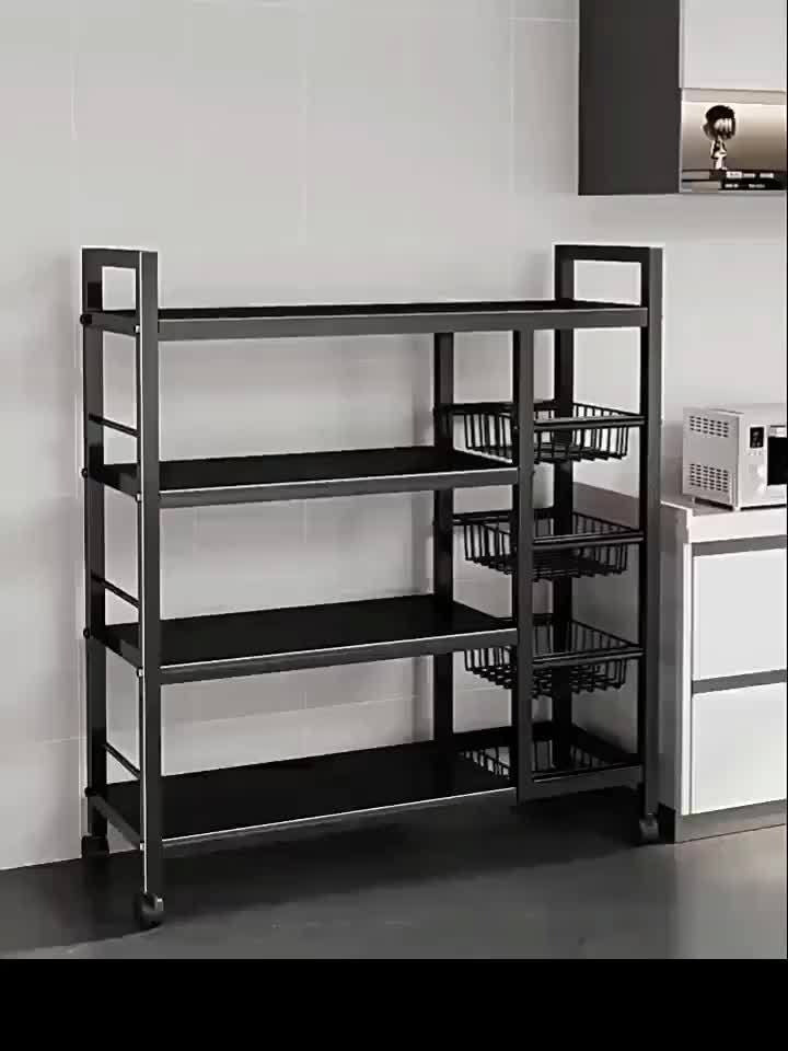 Four Tier, Three Basket, Mesh Basket Display Rack with Universal Roller Slides for Easy Cleaning And Storage, Vegetable Basket Organizer, Kitchen Display Rack, Useful Display Rack for Organizing Supplies, Vertical Shelves, Commercial Easter decorations