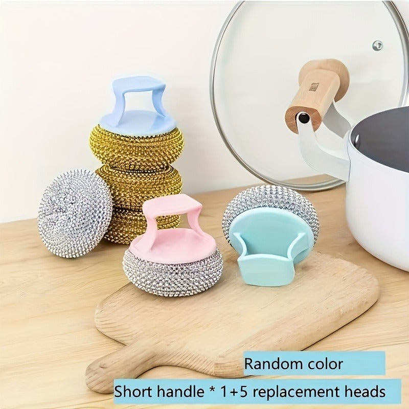 Stainless Steel Sponge Handle Brush, Replaceable Handle and Detachable Debris Ball, Dishwasher Cleaning Tool, Scratch-Free Nano, Household Residue-free Multi-purpose Kitchen Cleaning Tool