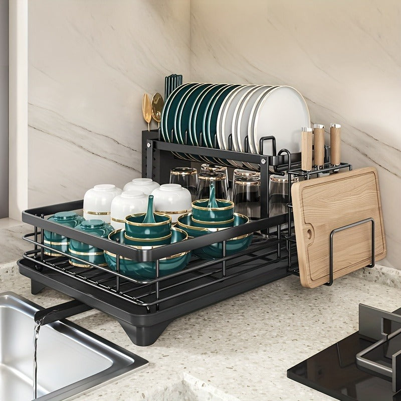 Deluxe 2-Tier Kitchen Carbon Steel Rack with Auto Drain, Knife Rack And Chopping Board Rack - Rust-Resistant Carbon Steel, Large Capacity, Easy to Clean, Ideal for Bowl And Chopstick Storage, Kitchen Storage Solution