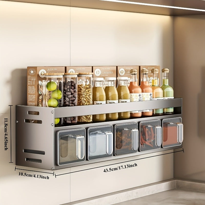 Wall-Mounted Spice Organizer Set - Durable Aluminum, Easy No-Drill Installation | Includes Seasoning Containers & Canisters for Kitchen