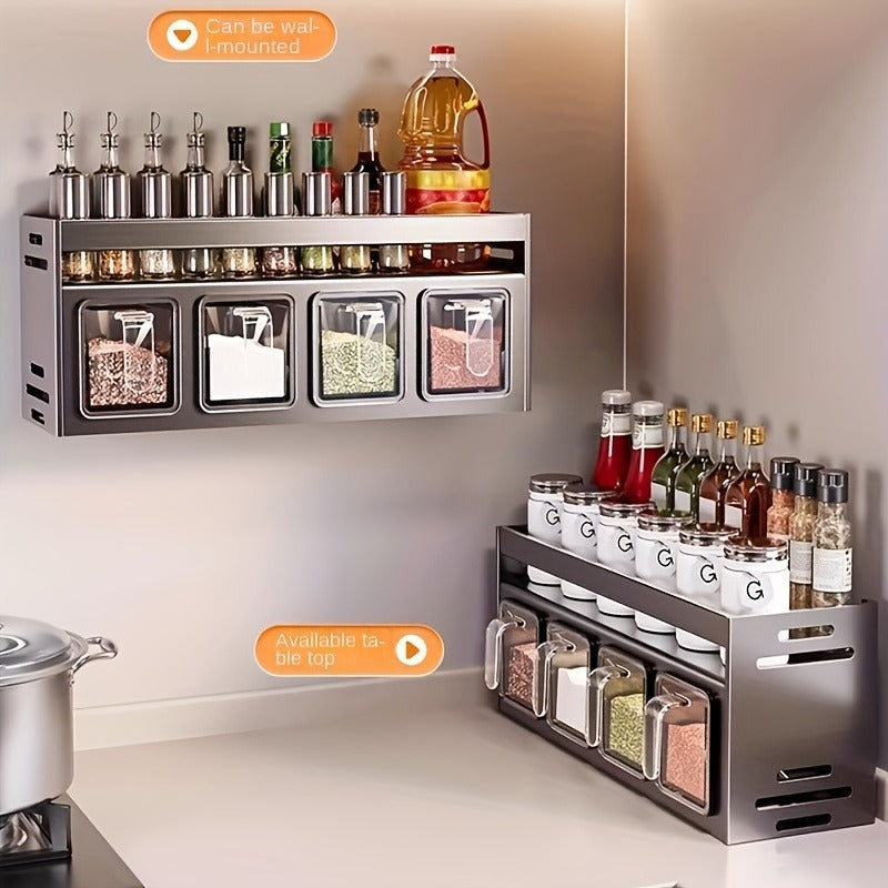 Wall-Mounted Spice Organizer Set - Durable Aluminum, Easy No-Drill Installation | Includes Seasoning Containers & Canisters for Kitchen