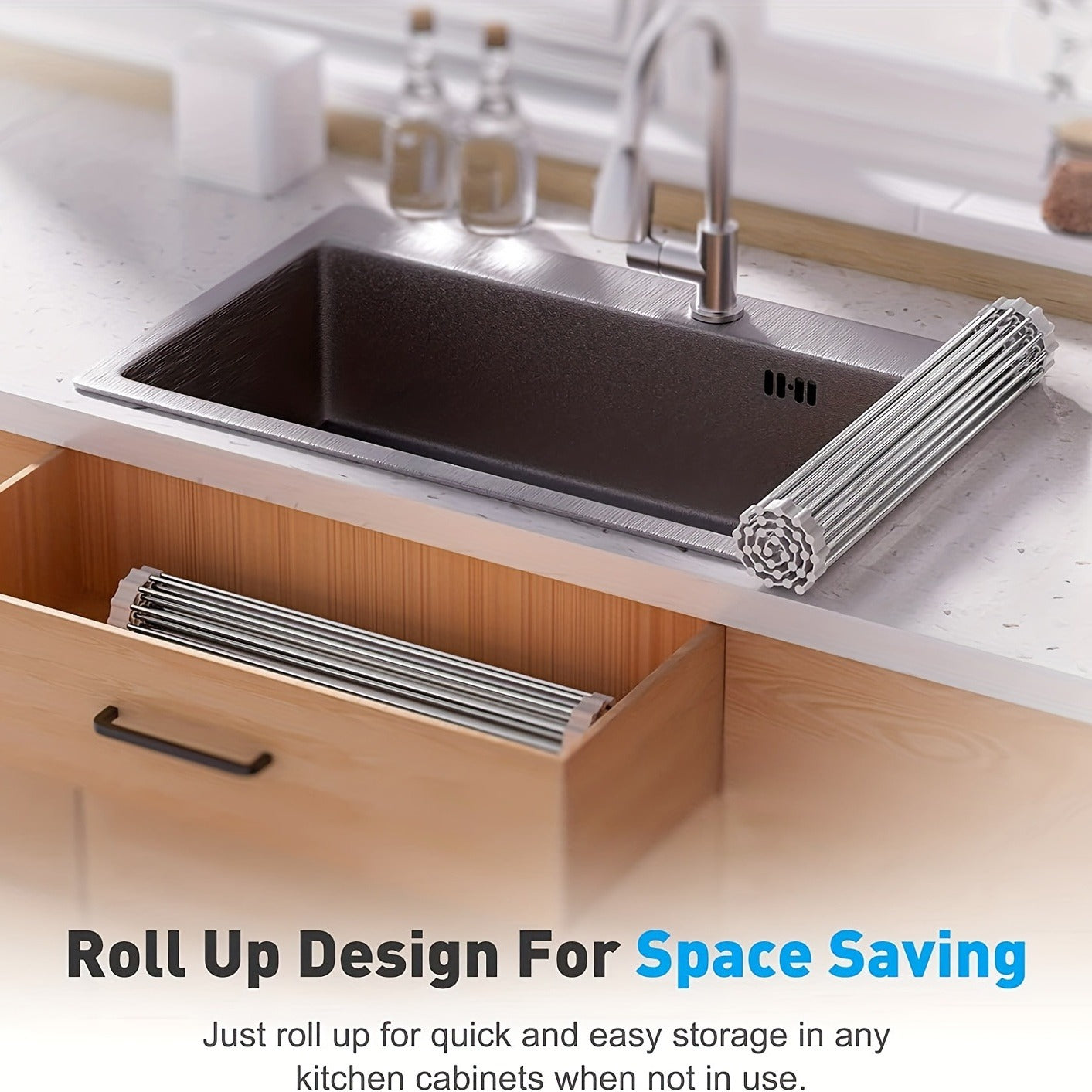The Silicone Sink Organizer combines the functions of draining, washing vegetables and storing in one. It is made of heat-resistant material and can be rolled up. Easily deal with the mess of the kitchen sink and make cookies easily.