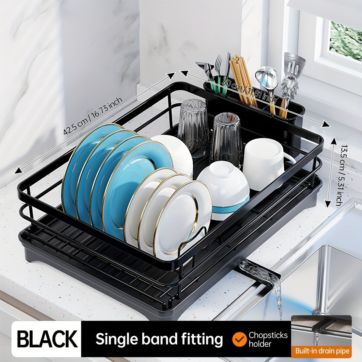 Deluxe 2-Tier Kitchen Carbon Steel Rack with Auto Drain, Knife Rack And Chopping Board Rack - Rust-Resistant Carbon Steel, Large Capacity, Easy to Clean, Ideal for Bowl And Chopstick Storage, Kitchen Storage Solution