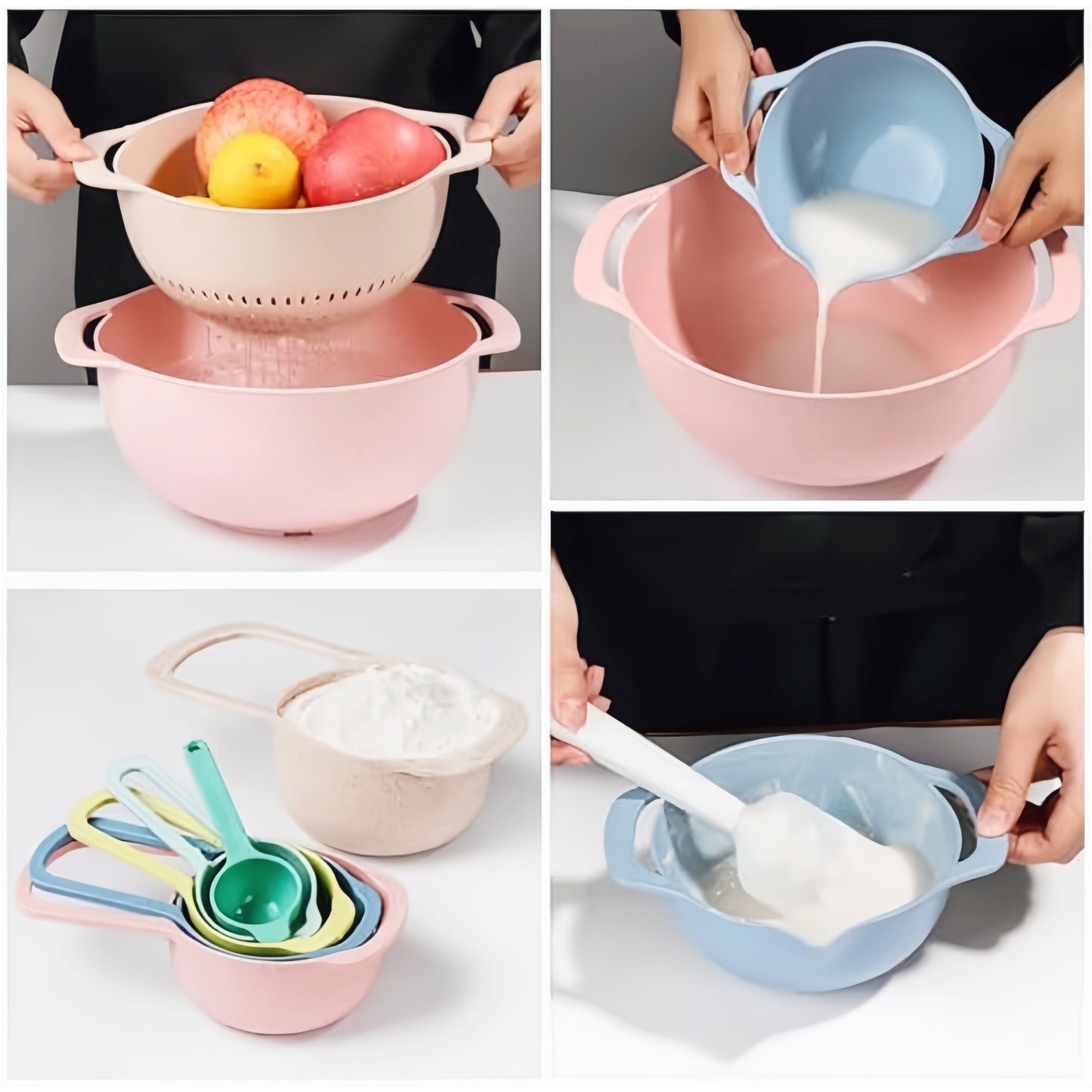 Nesting Bowls with Measuring Cups Colander and Sifter Set Includes 2 Mixing Bowls, 1 Colander, 1 Sifter and 6 Measuring Cups,Pink,Mint Green Kitchen Utensils