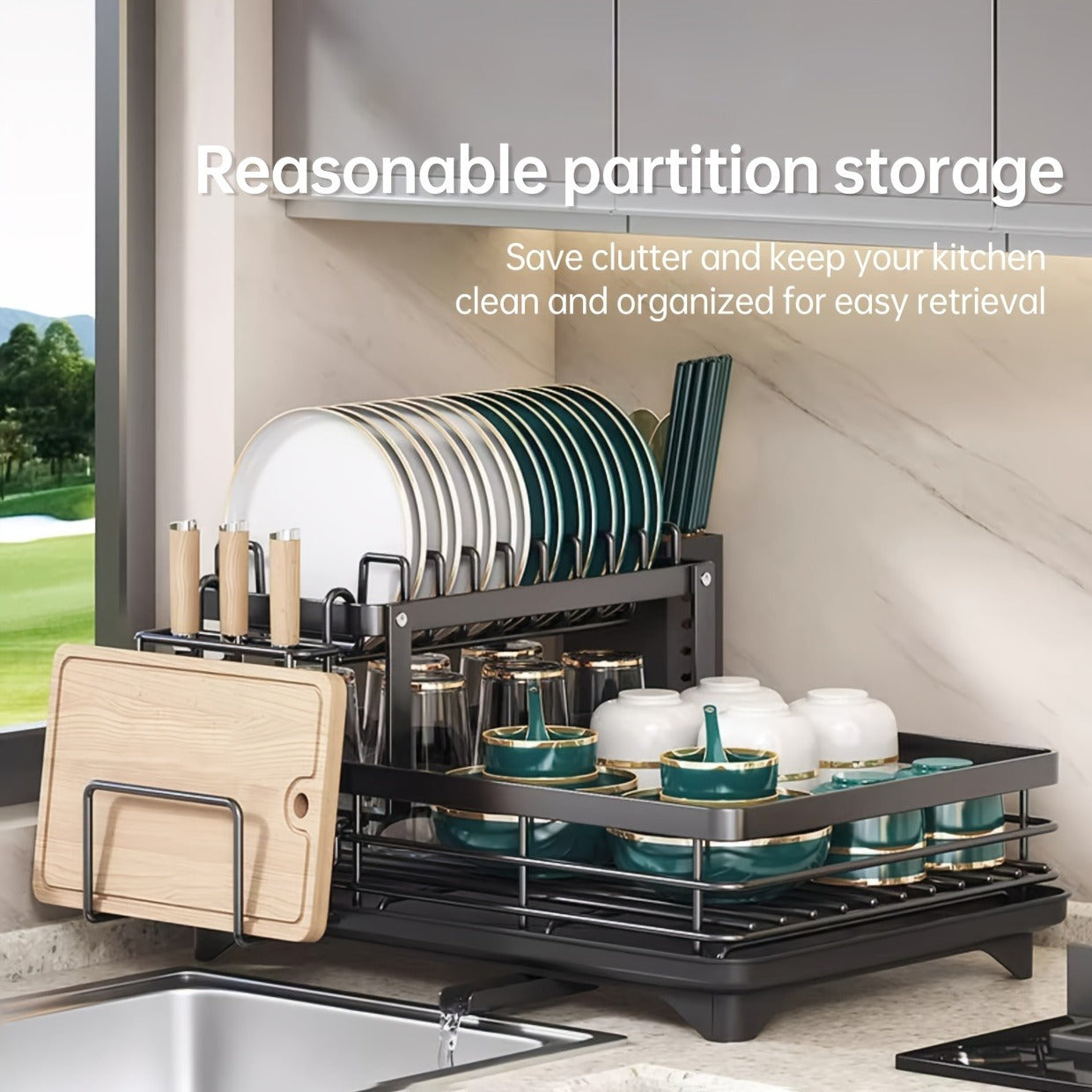 Deluxe 2-Tier Kitchen Carbon Steel Rack with Auto Drain, Knife Rack And Chopping Board Rack - Rust-Resistant Carbon Steel, Large Capacity, Easy to Clean, Ideal for Bowl And Chopstick Storage, Kitchen Storage Solution