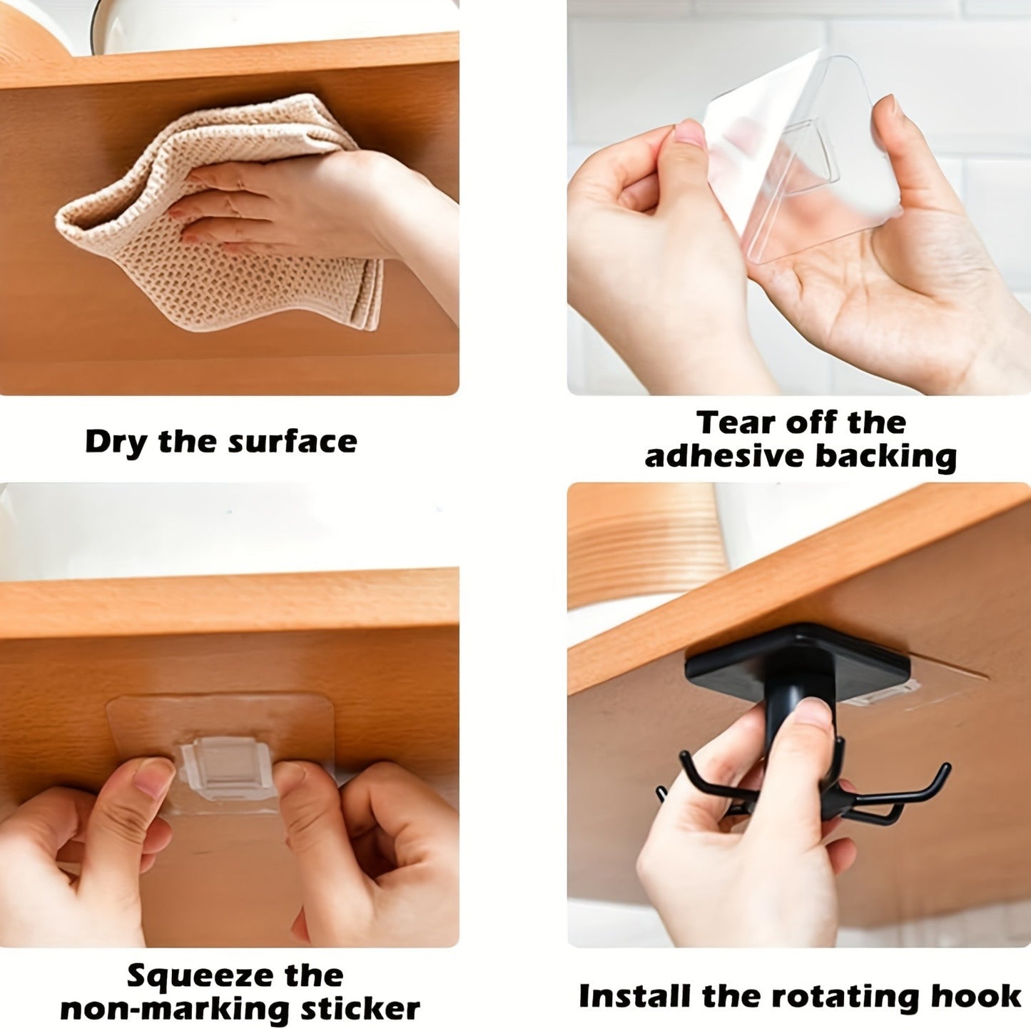 360° Swivel Utility Hook - Self-adhesive Under Cabinet Organizer for Kitchen, Bathroom and Office - Easy to Install, No Drilling Design for Hanging Utensils, Tools, Rags, Keys - Space-saving Storage Solution for Smooth Surfaces