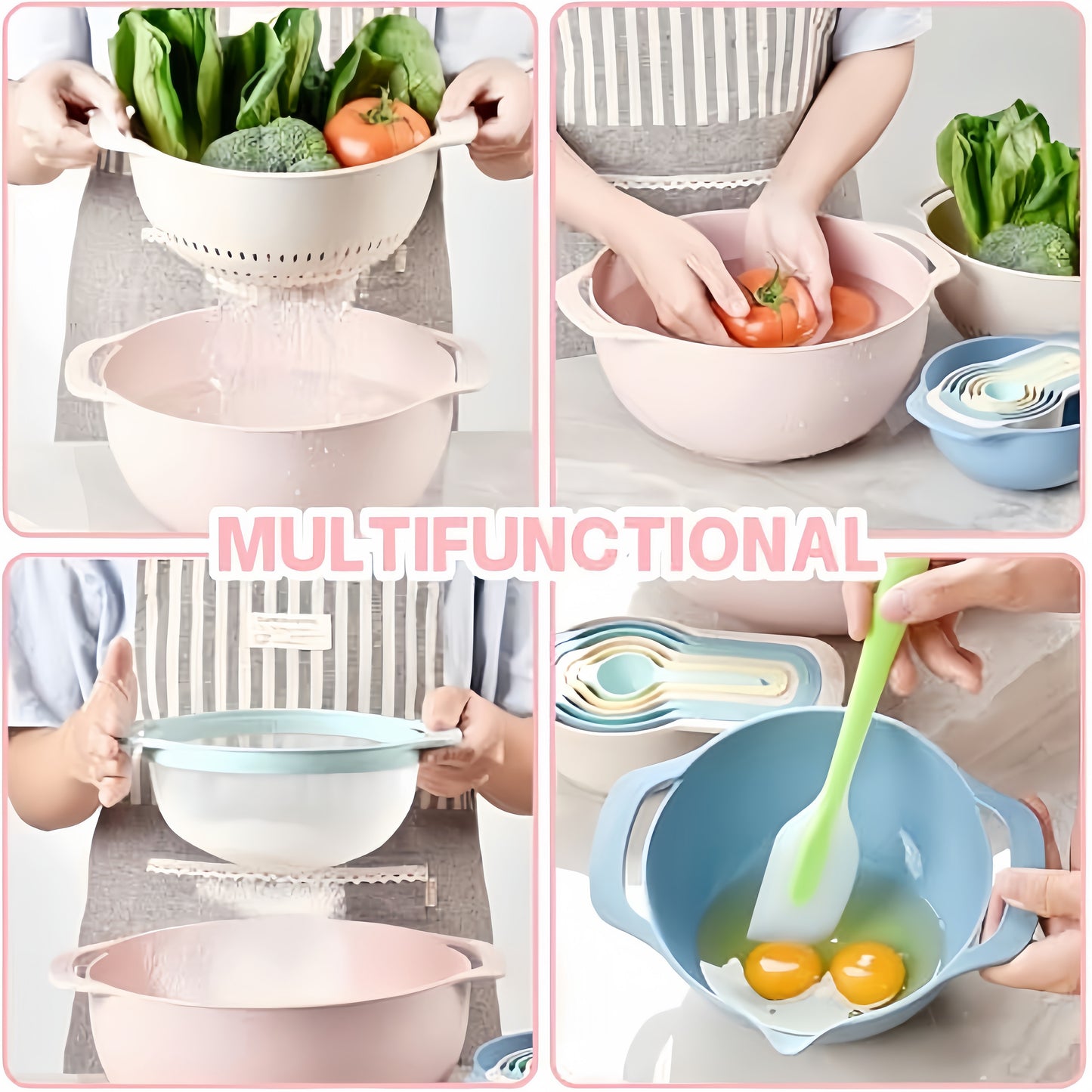 Nesting Bowls with Measuring Cups Colander and Sifter Set Includes 2 Mixing Bowls, 1 Colander, 1 Sifter and 6 Measuring Cups,Pink,Mint Green Kitchen Utensils