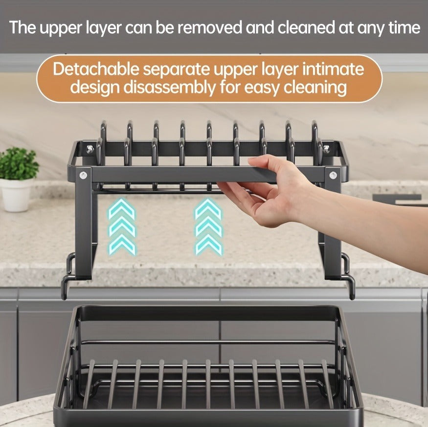 Deluxe 2-Tier Kitchen Carbon Steel Rack with Auto Drain, Knife Rack And Chopping Board Rack - Rust-Resistant Carbon Steel, Large Capacity, Easy to Clean, Ideal for Bowl And Chopstick Storage, Kitchen Storage Solution