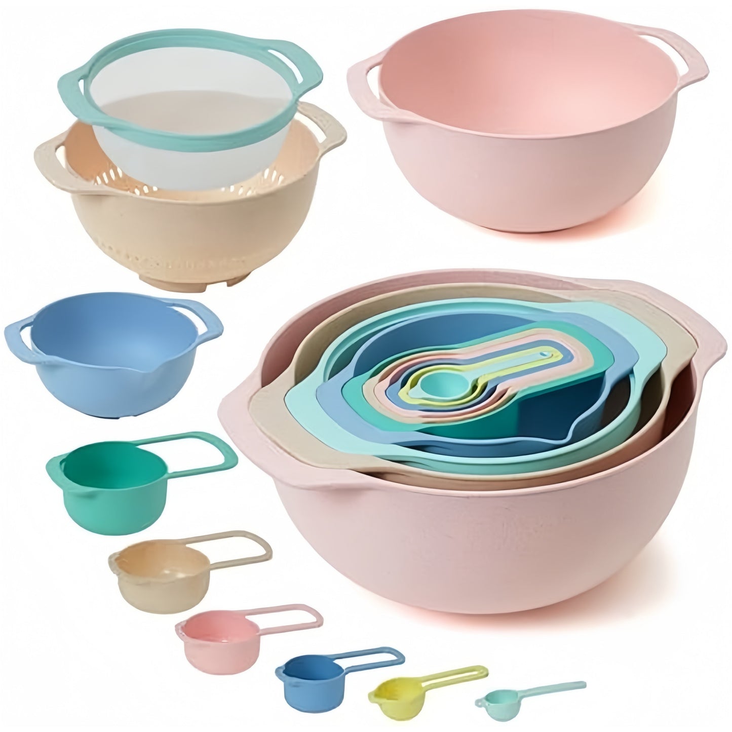 Nesting Bowls with Measuring Cups Colander and Sifter Set Includes 2 Mixing Bowls, 1 Colander, 1 Sifter and 6 Measuring Cups,Pink,Mint Green Kitchen Utensils