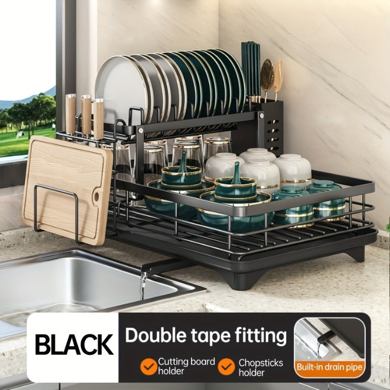 Deluxe 2-Tier Kitchen Carbon Steel Rack with Auto Drain, Knife Rack And Chopping Board Rack - Rust-Resistant Carbon Steel, Large Capacity, Easy to Clean, Ideal for Bowl And Chopstick Storage, Kitchen Storage Solution