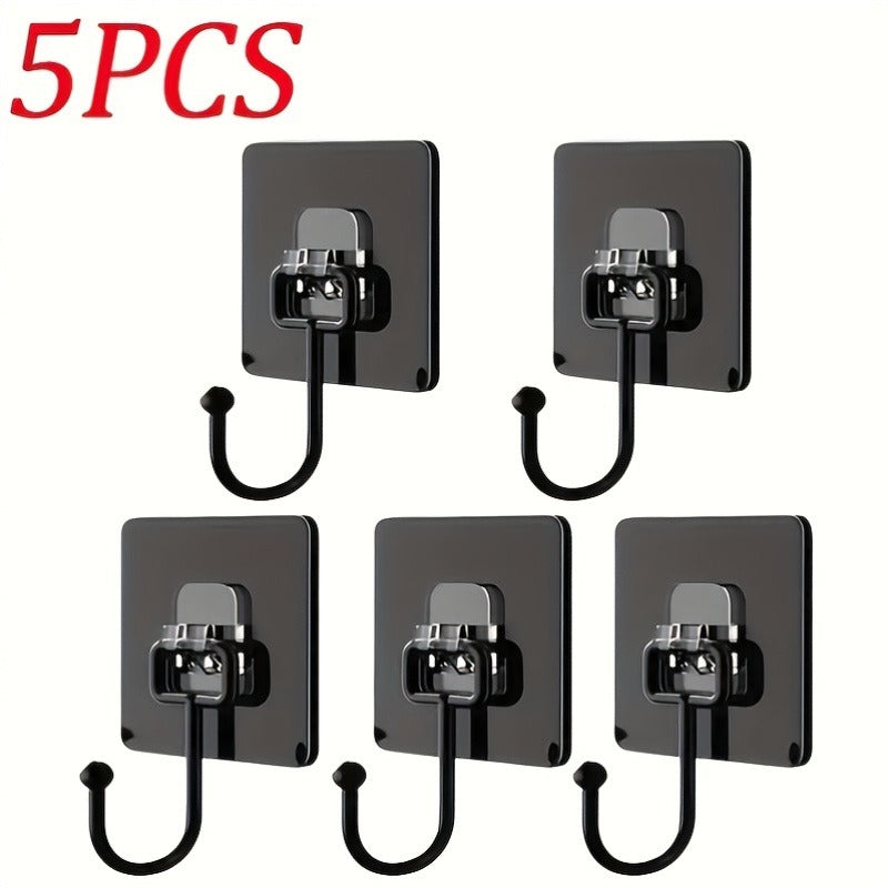 5pcs Strong Adhesive Rotating Waterproof Wall Hooks - Easy Installation, Sleek Black Design, Ideal for Kitchen & Bathroom Storage