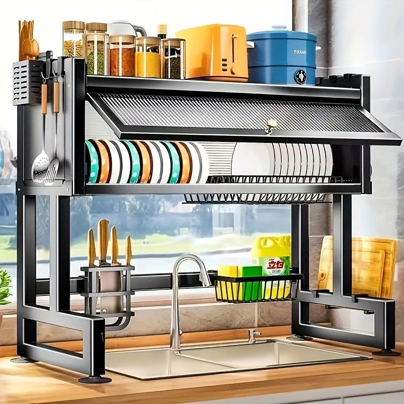 Black Metal Multifunctional Kitchen Storage Rack with Cabinet Door Channel - Space-Saving Organizer for Bowls, Dishes, Cutlery, Cookware, Drip Tray, Towel & Spice Racks, Sink Storage Solution, Kitchen Organizers And Storage