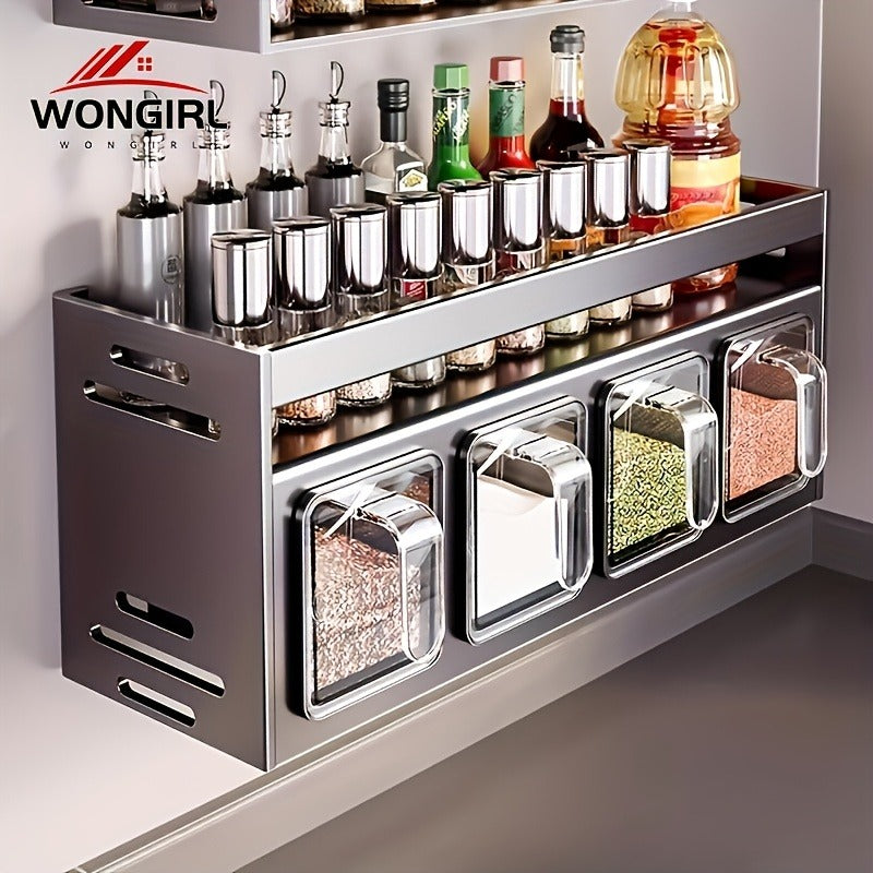 Wall-Mounted Spice Organizer Set - Durable Aluminum, Easy No-Drill Installation | Includes Seasoning Containers & Canisters for Kitchen