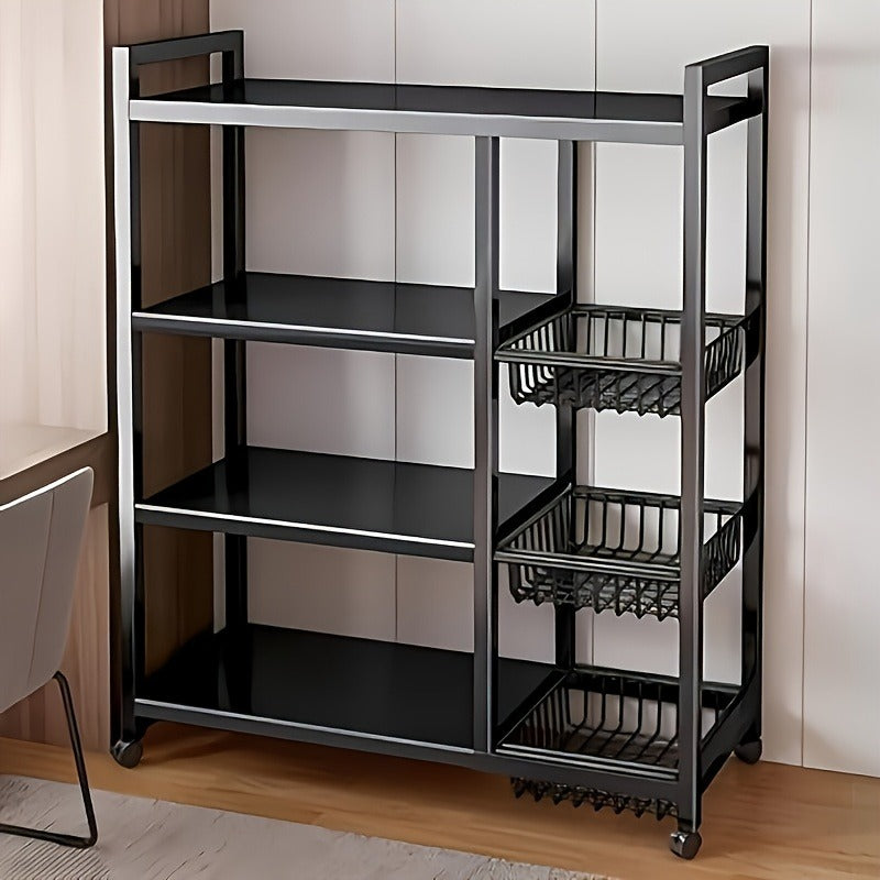 Movable Storage Rack, Adjustable 4-Storey Kitchen Shelf With 3 Wire Baskets, Kitchen Organizer And Storage, Metal Shelf Rack With Wheels, Suitable For Garage, Pantry, Bathroom, Closet, Warm House Gift, New Home