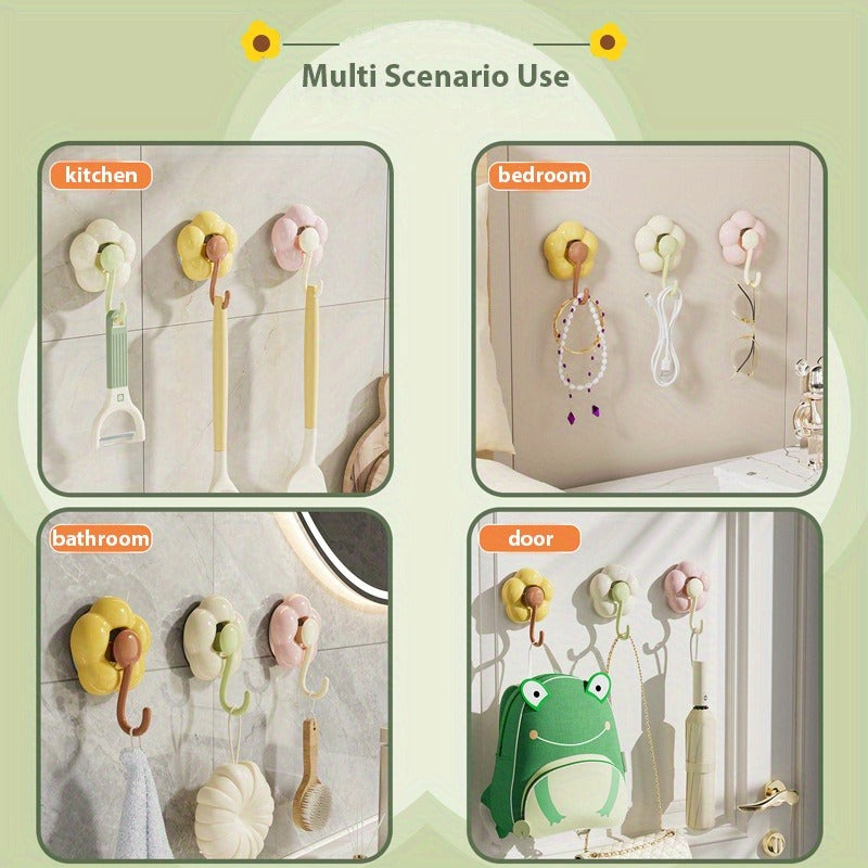 3 Pieces Sunflower Suction Cup Hooks - No Drilling Required, Traceless Wall Hooks, Strong Adhesion, Durable Plastic, Multi-Purpose, Suitable for Kitchen, Bathroom, Living Room, Bright Yellow Pink Green Flower Decoration, Practical Hooks