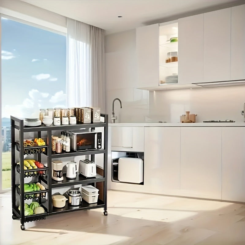 Four Tier, Three Basket, Mesh Basket Display Rack with Universal Roller Slides for Easy Cleaning And Storage, Vegetable Basket Organizer, Kitchen Display Rack, Useful Display Rack for Organizing Supplies, Vertical Shelves, Commercial Easter decorations