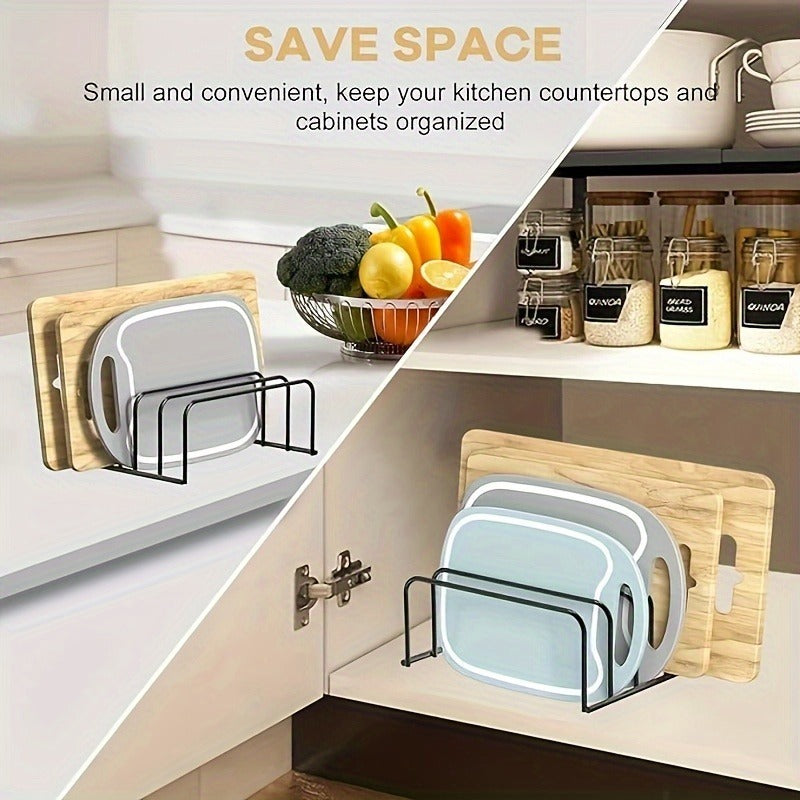 LDQ Kitchen Organizer for Cutting Boards and Cooling Racks - Durable black metal bakeware storage solution, countertop cabinet storage, compact design for easy access, kitchen organization and storage