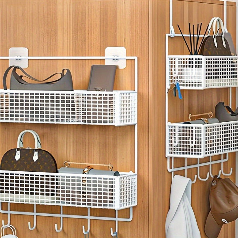 2-Tier Iron Over-the-Door Storage Rack with Hooks and Mesh Baskets for Bathroom, Bedroom, Kitchen, Office, Industrial & Commercial Cleaning