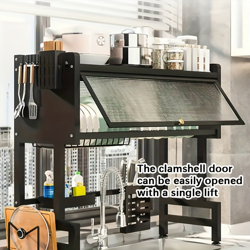 Black Metal Multifunctional Kitchen Storage Rack with Cabinet Door Channel - Space-Saving Organizer for Bowls, Dishes, Cutlery, Cookware, Drip Tray, Towel & Spice Racks, Sink Storage Solution, Kitchen Organizers And Storage