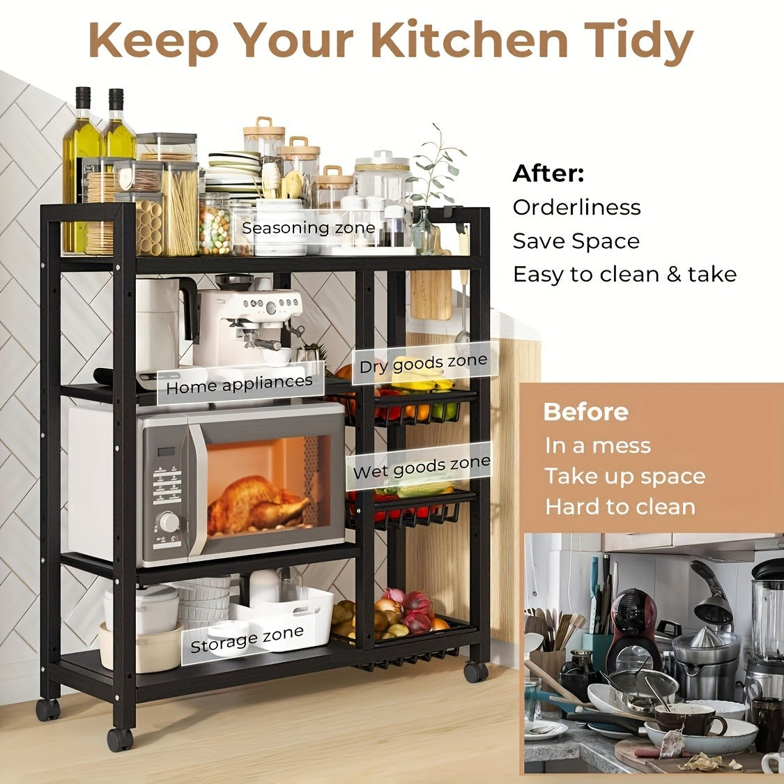 4-layer Rolling Metal Storage Cart With Wheels, Suitable For Microwave Ovens, Appliances, Seasoning Racks, Very Suitable For Storing Fruits, Vegetables, Tableware, Etc., Food Storage Room Storage Items And Storage Racks