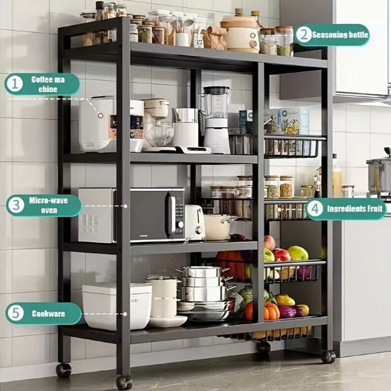 Movable Storage Rack, Adjustable 4-Storey Kitchen Shelf With 3 Wire Baskets, Kitchen Organizer And Storage, Metal Shelf Rack With Wheels, Suitable For Garage, Pantry, Bathroom, Closet, Warm House Gift, New Home