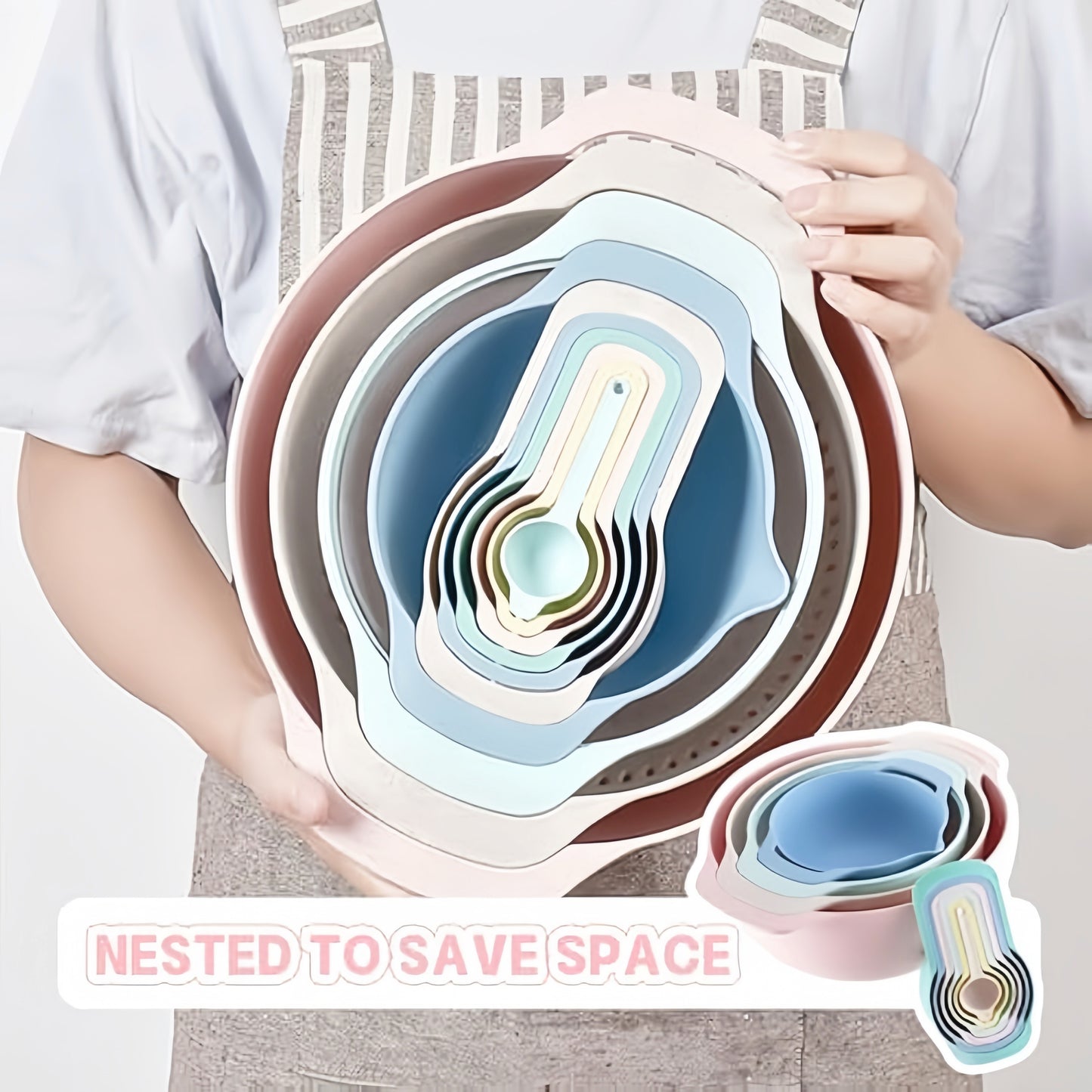 Nesting Bowls with Measuring Cups Colander and Sifter Set Includes 2 Mixing Bowls, 1 Colander, 1 Sifter and 6 Measuring Cups,Pink,Mint Green Kitchen Utensils