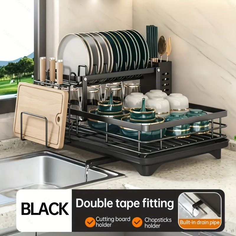 Deluxe 2-Tier Kitchen Carbon Steel Rack with Auto Drain, Knife Rack And Chopping Board Rack - Rust-Resistant Carbon Steel, Large Capacity, Easy to Clean, Ideal for Bowl And Chopstick Storage, Kitchen Storage Solution