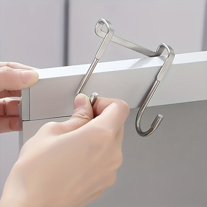 2pcs Heavy-Duty Stainless Steel S-Shaped Hooks - Rust-Resistant, No-Drill Easy Installation for Bedroom, Bathroom & Kitchen - Space-Saving Double Door Hangers for Cabinets & Organizers