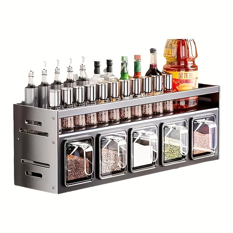 Wall-Mounted Spice Organizer Set - Durable Aluminum, Easy No-Drill Installation | Includes Seasoning Containers & Canisters for Kitchen