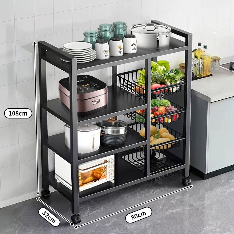 Four Tier, Three Basket, Mesh Basket Display Rack with Universal Roller Slides for Easy Cleaning And Storage, Vegetable Basket Organizer, Kitchen Display Rack, Useful Display Rack for Organizing Supplies, Vertical Shelves, Commercial Easter decorations