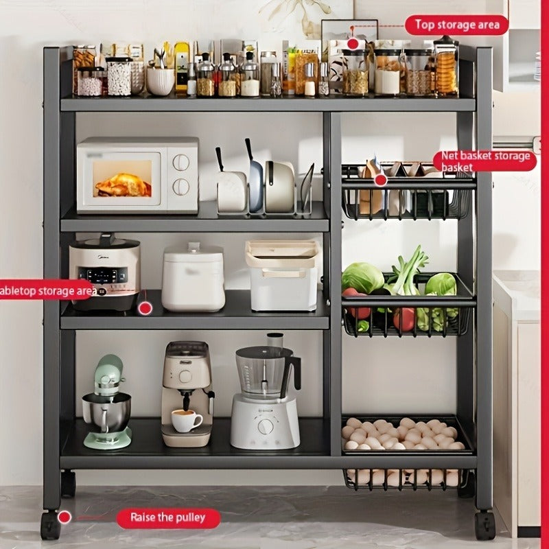 Movable Storage Rack, Adjustable 4-Storey Kitchen Shelf With 3 Wire Baskets, Kitchen Organizer And Storage, Metal Shelf Rack With Wheels, Suitable For Garage, Pantry, Bathroom, Closet, Warm House Gift, New Home