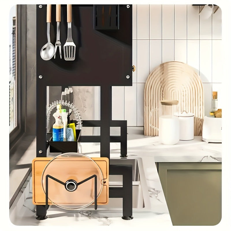 Black Metal Multifunctional Kitchen Storage Rack with Cabinet Door Channel - Space-Saving Organizer for Bowls, Dishes, Cutlery, Cookware, Drip Tray, Towel & Spice Racks, Sink Storage Solution, Kitchen Organizers And Storage