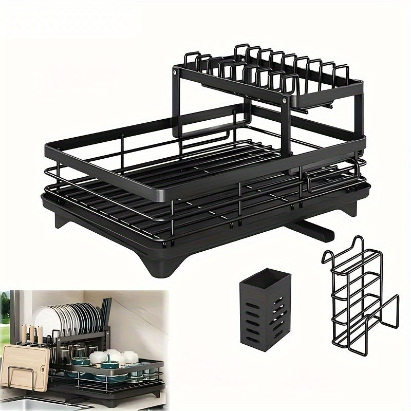 Dish Drying Rack, 2-Tier Dish Racks For Kitchen Counter, Dish Rack With Drainboard & Mat, Dish Drainer With Knife, Fork & Cup Rack, Gifts For Women, Mothers Day, Cool Stuff & Kitchen Gadgets