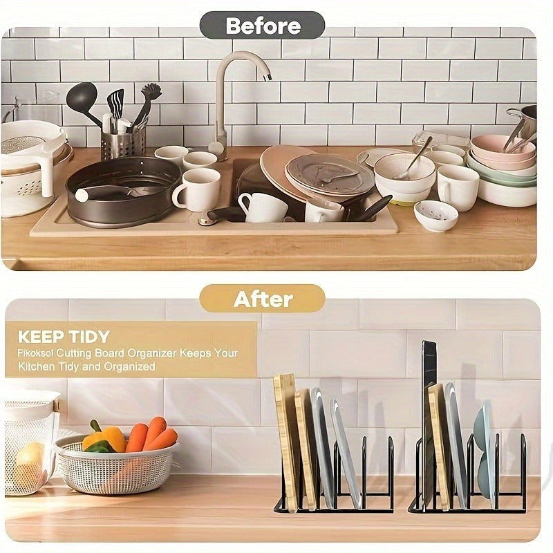 LDQ Kitchen Organizer for Cutting Boards and Cooling Racks - Durable black metal bakeware storage solution, countertop cabinet storage, compact design for easy access, kitchen organization and storage
