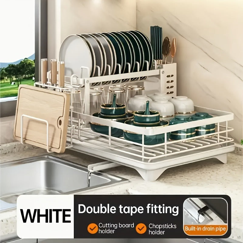 Deluxe 2-Tier Kitchen Carbon Steel Rack with Auto Drain, Knife Rack And Chopping Board Rack - Rust-Resistant Carbon Steel, Large Capacity, Easy to Clean, Ideal for Bowl And Chopstick Storage, Kitchen Storage Solution
