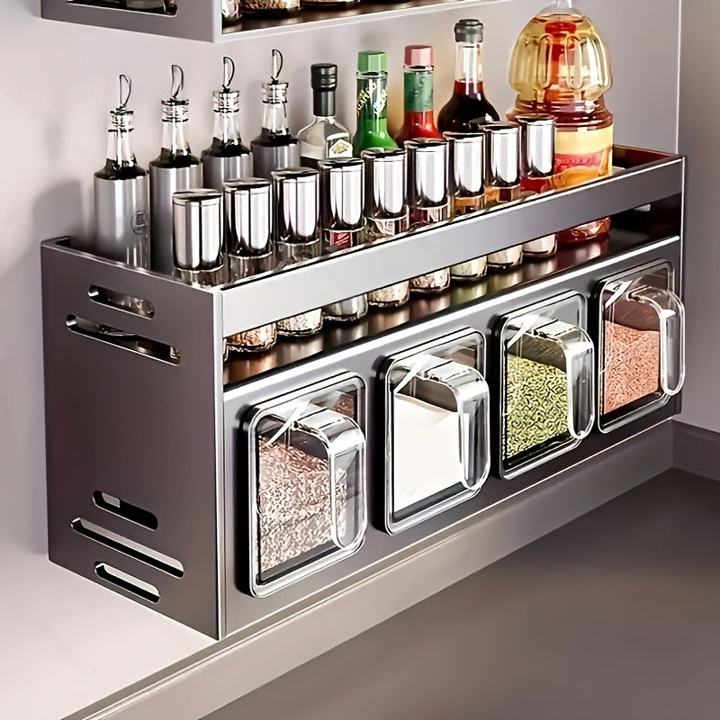 Wall-Mounted Spice Organizer Set - Durable Aluminum, Easy No-Drill Installation | Includes Seasoning Containers & Canisters for Kitchen
