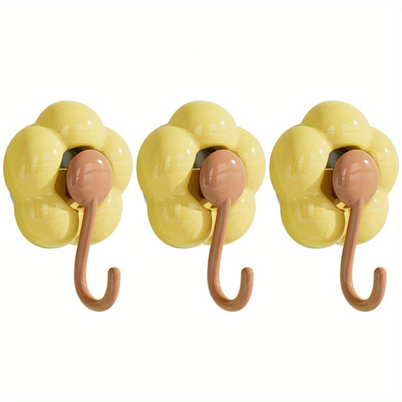 3 Pieces Sunflower Suction Cup Hooks - No Drilling Required, Traceless Wall Hooks, Strong Adhesion, Durable Plastic, Multi-Purpose, Suitable for Kitchen, Bathroom, Living Room, Bright Yellow Pink Green Flower Decoration, Practical Hooks