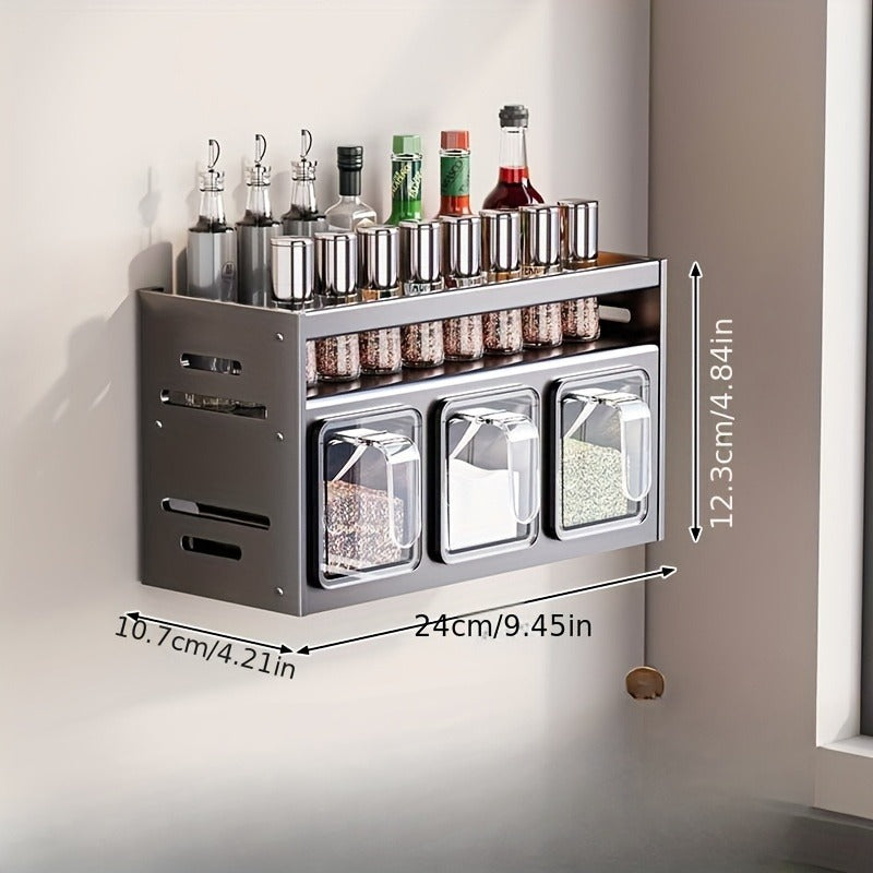 Wall-Mounted Spice Organizer Set - Durable Aluminum, Easy No-Drill Installation | Includes Seasoning Containers & Canisters for Kitchen