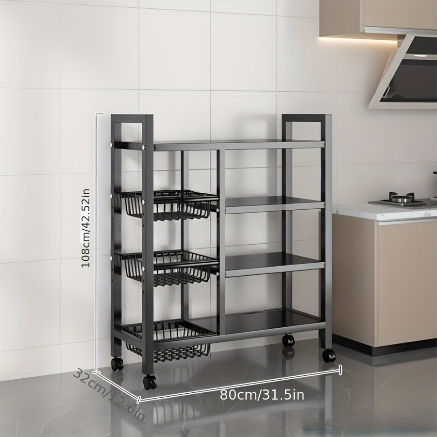 Movable Storage Rack, Adjustable 4-Storey Kitchen Shelf With 3 Wire Baskets, Kitchen Organizer And Storage, Metal Shelf Rack With Wheels, Suitable For Garage, Pantry, Bathroom, Closet, Warm House Gift, New Home