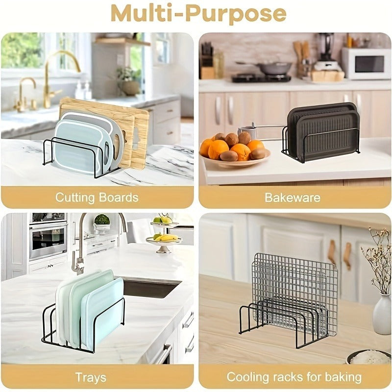 LDQ Kitchen Organizer for Cutting Boards and Cooling Racks - Durable black metal bakeware storage solution, countertop cabinet storage, compact design for easy access, kitchen organization and storage