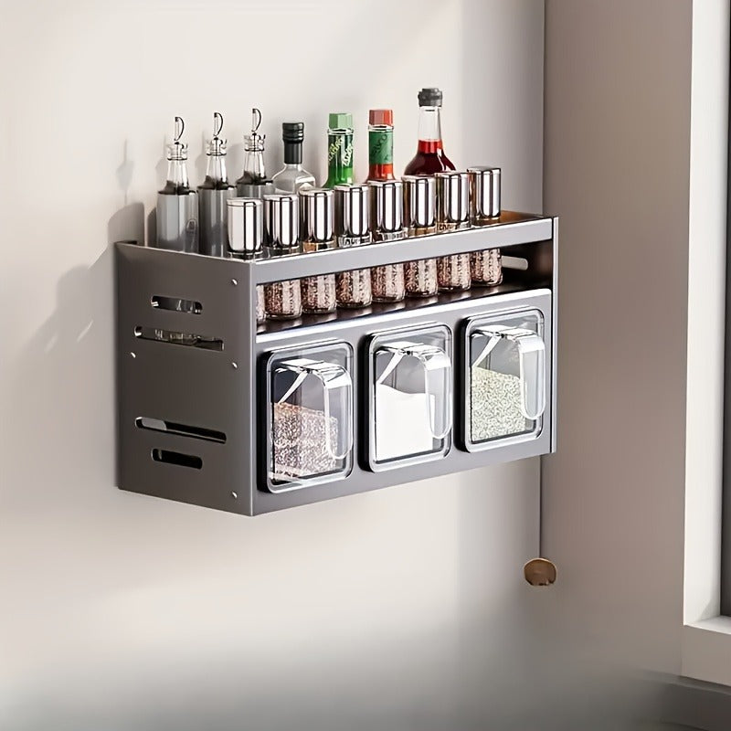 Wall-Mounted Spice Organizer Set - Durable Aluminum, Easy No-Drill Installation | Includes Seasoning Containers & Canisters for Kitchen