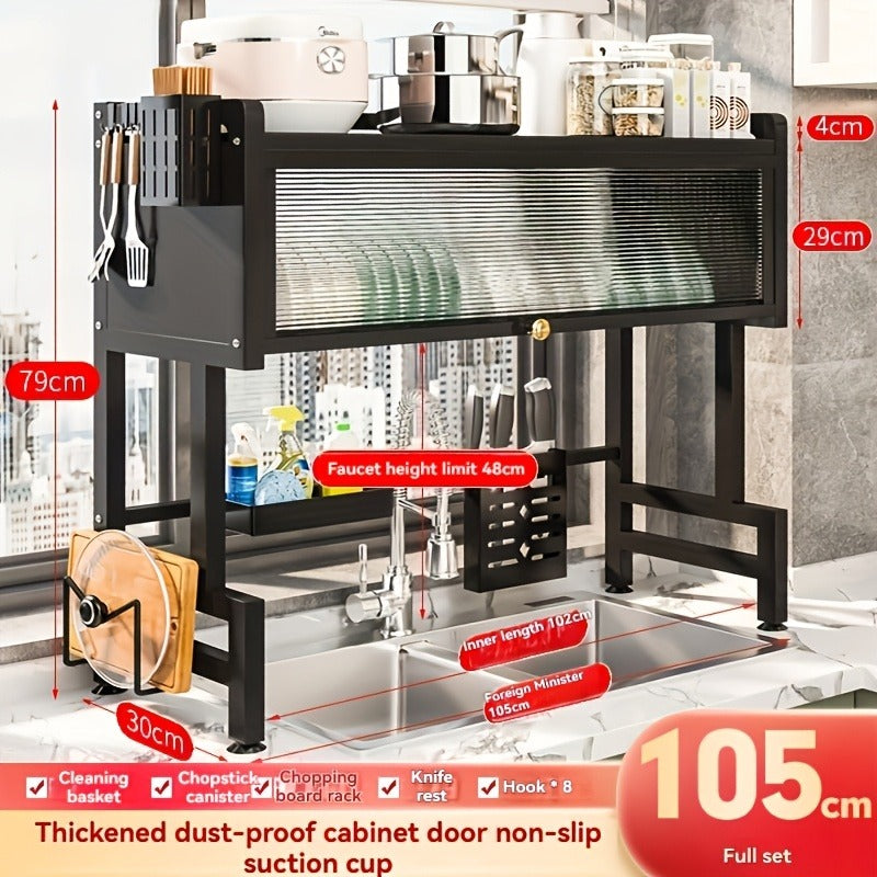 Black Metal Multifunctional Kitchen Storage Rack with Cabinet Door Channel - Space-Saving Organizer for Bowls, Dishes, Cutlery, Cookware, Drip Tray, Towel & Spice Racks, Sink Storage Solution, Kitchen Organizers And Storage