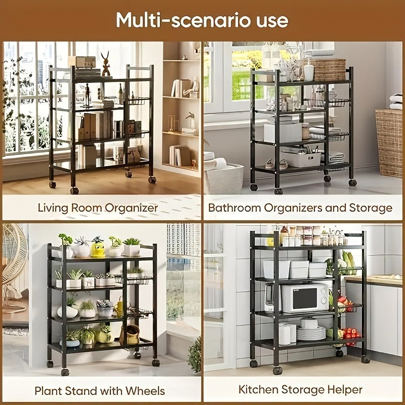 Four Tier, Three Basket, Mesh Basket Display Rack with Universal Roller Slides for Easy Cleaning And Storage, Vegetable Basket Organizer, Kitchen Display Rack, Useful Display Rack for Organizing Supplies, Vertical Shelves, Commercial Easter decorations