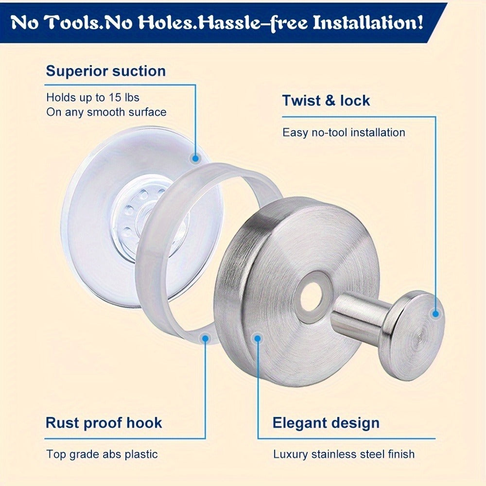 Stainless Steel Waterproof Suction Hooks - Anti-Slip Wall-Mounted Bathroom & Kitchen Hooks for Shower, Glass Windows, Tiles - Contemporary Black Finish, No-Drill Installation